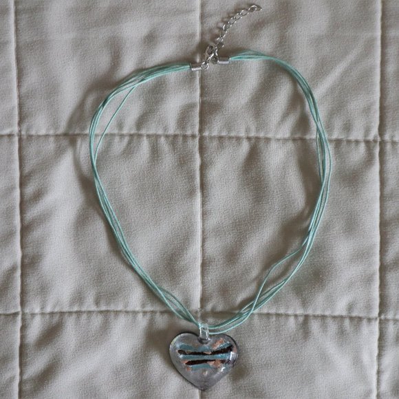 Unique Turquoise and Silver Glass Heart Necklace - Picture 2 of 5